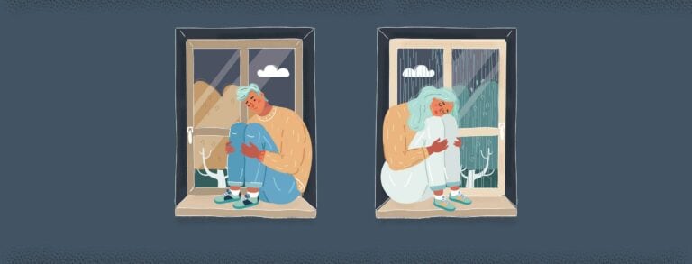 Two illustrations of a woman looking out of a window.