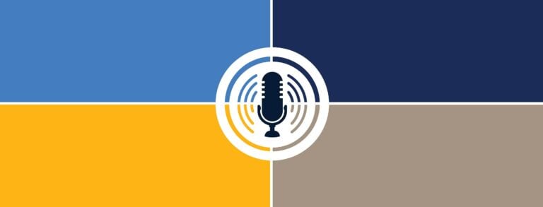 A blue, yellow, and brown logo with a microphone in the middle.