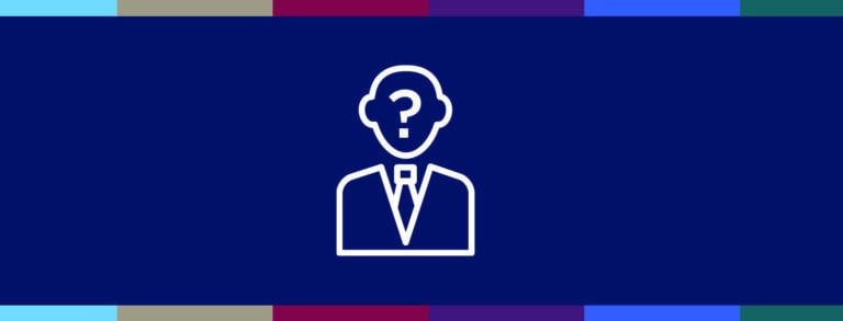 A man in a suit with a question mark on a blue background.
