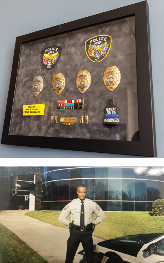 First, a photo of multiple badges in a frame in Gilbert's office. Next, a photo of Gilbert from the 1990s as a new officer on the force. He stands with his hands behind his back in front of the police department with his police car beside him.