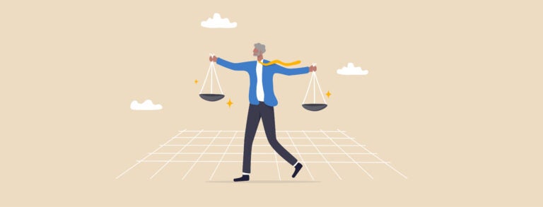 An illustration of a person balancing two scales as if their body is the center balance.
