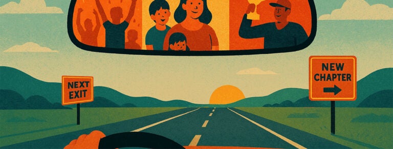 A car's rearview mirror reveals vignettes of athletic achievement, family moments, and winning an award.