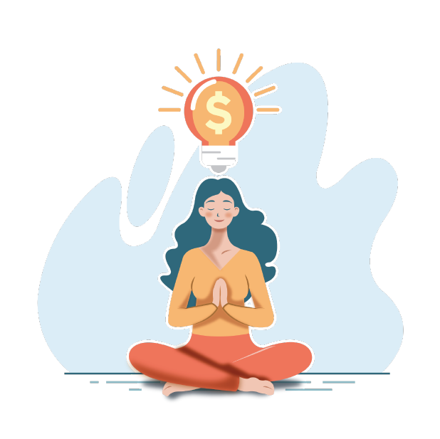 A woman sits cross-legged on the floor with prayer hands and a lightbulb above her head that shows a dollar sign inside