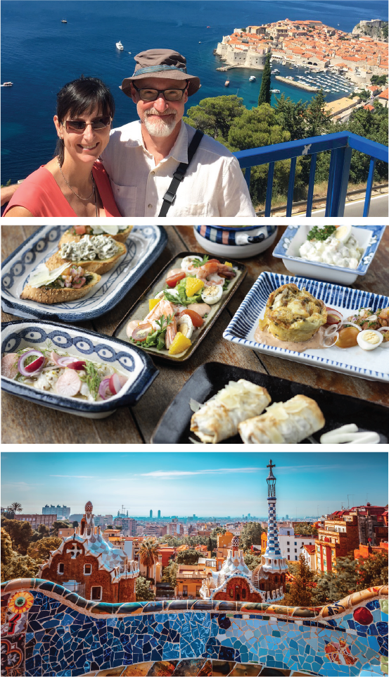 Amy and Michael Mortimer; a table full of plates of tapas; and the Barcelona skyline