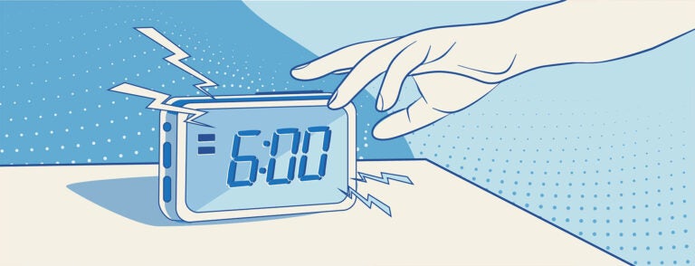 An illustration of a hand reaching out to turn off an alarm clock