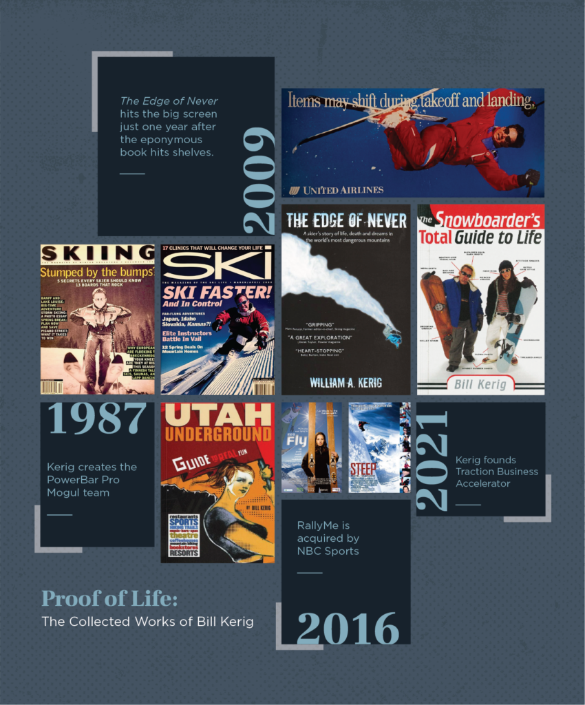 A collage shows the many works of Bill Kerig, from book covers to movie posters.